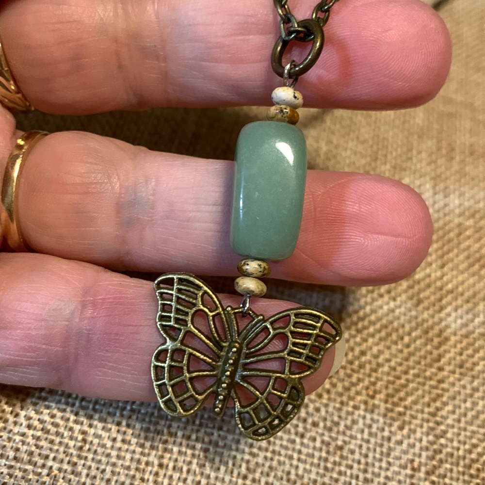 Butterfly Necklace Green Stone One of a kind Hand Crafted
